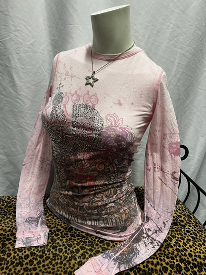 S - GO Jeans Los Angeles Y2K Rhinestone AOP Graphic Top