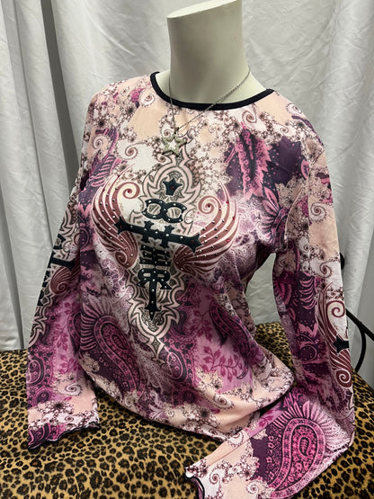 XL - Giant Y2K Purple Mesh Tattoo Graphic Top