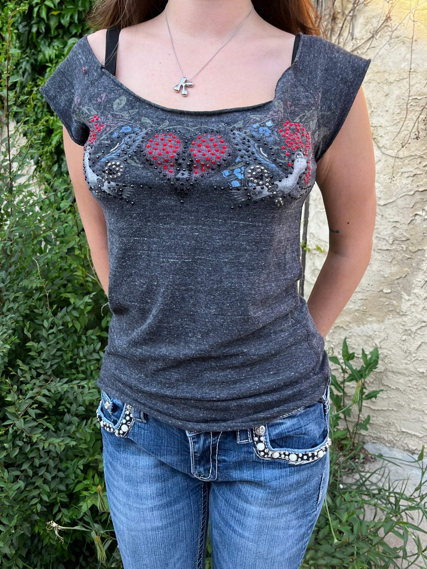 M - Crash & Burn Y2K Rhinestone Off The Shoulder Top