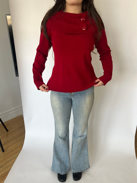 Dalia Red Button Fold Over Sweater