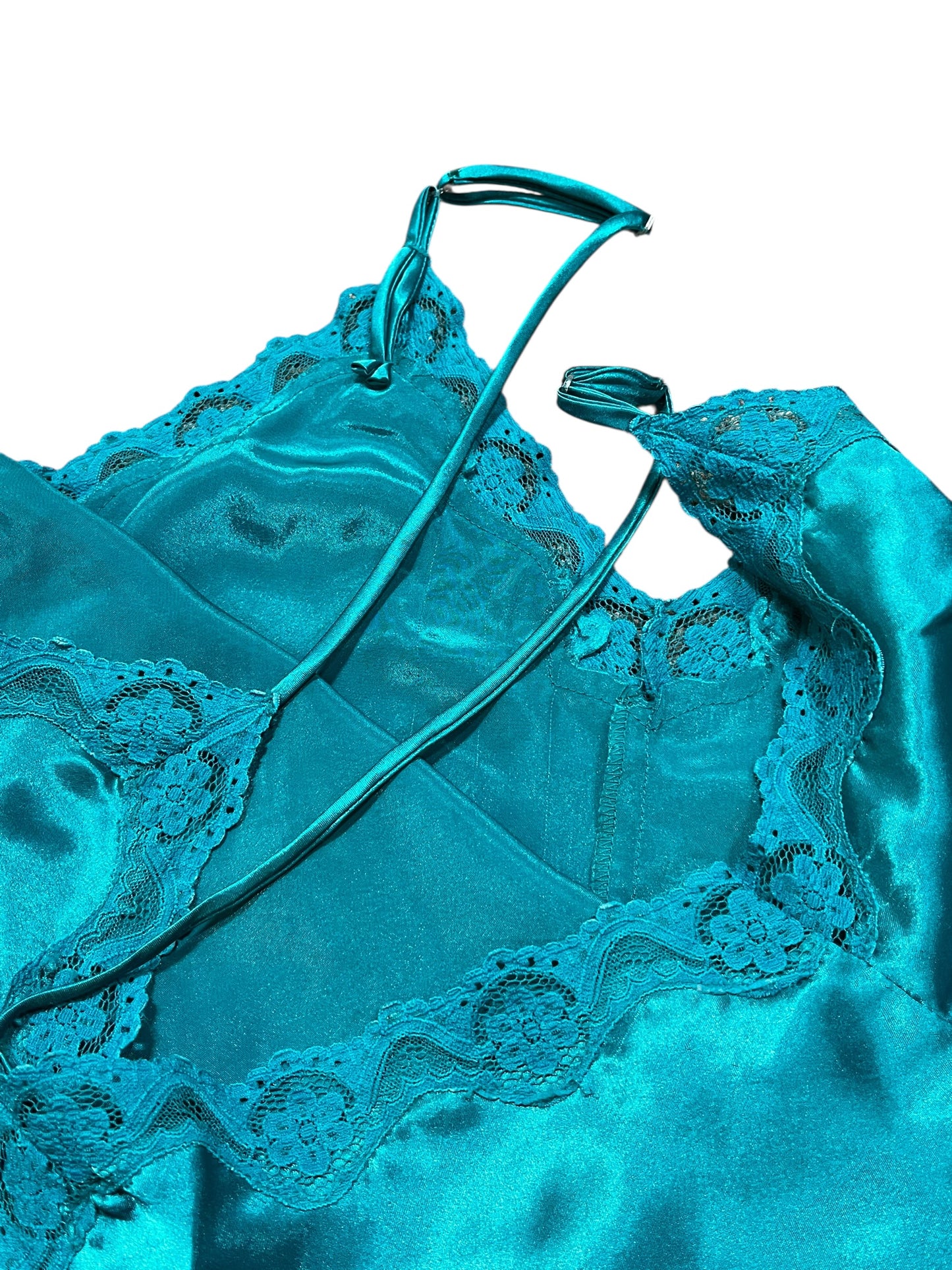 M - Potpourri 90s Teal Lace Trim Slip Dress