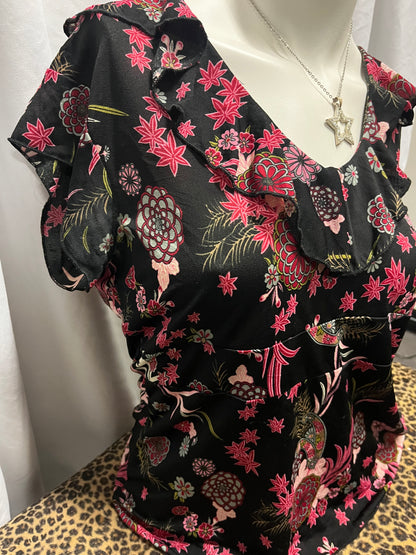 S/M - Susan Lawrence Y2K Black + Pink Floral Blouse