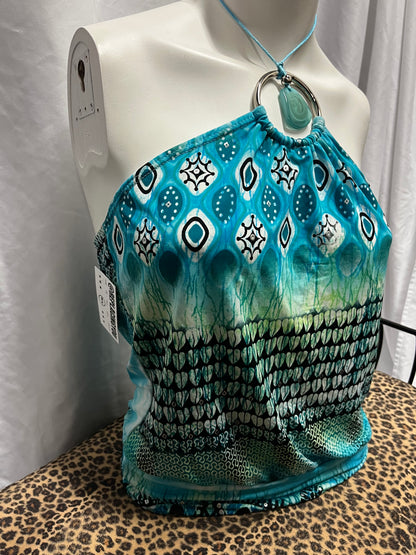 L - Rave Y2K Blue Patterned Ring Halter Top