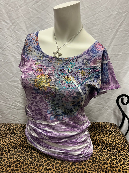 S - Daytrip Y2K Rhinestone Ruching Graphic Top