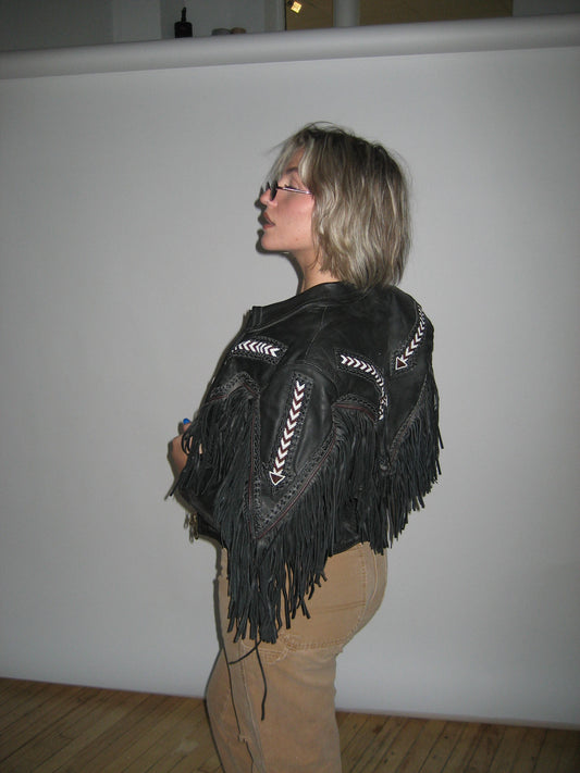 Chrome Gear Leather Fringe + Beading Vintage Jacket