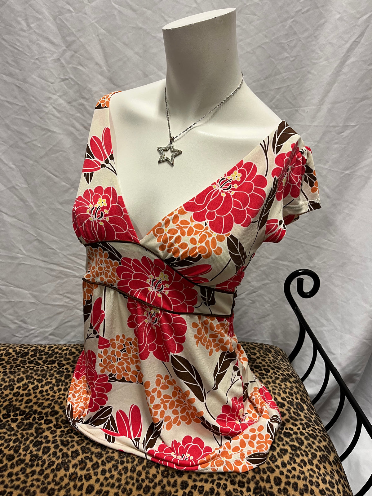 S - Forever Y2K Pink + Brown Floral Tie Back Top