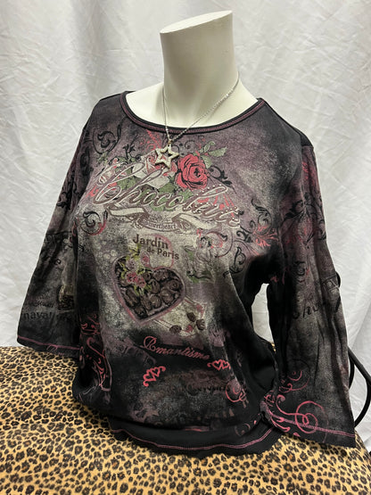 XL - Jess & Jane Y2K Chocolate Rhinestone Graphic Top