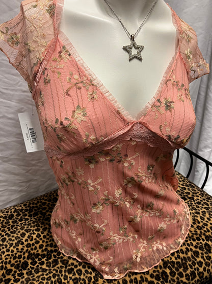 S - Suzy Y2K Lace Floral Overlay Pink Top