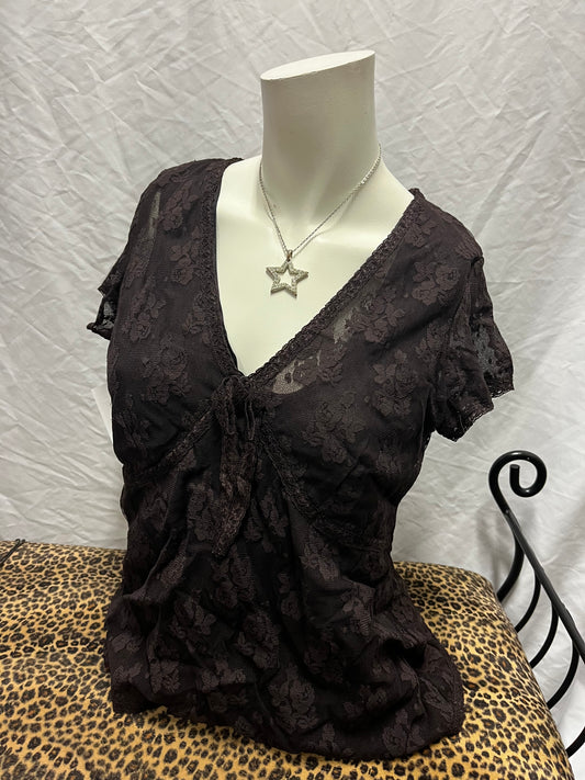 L - Worthington Y2K Brown Lace Tie Detail Top