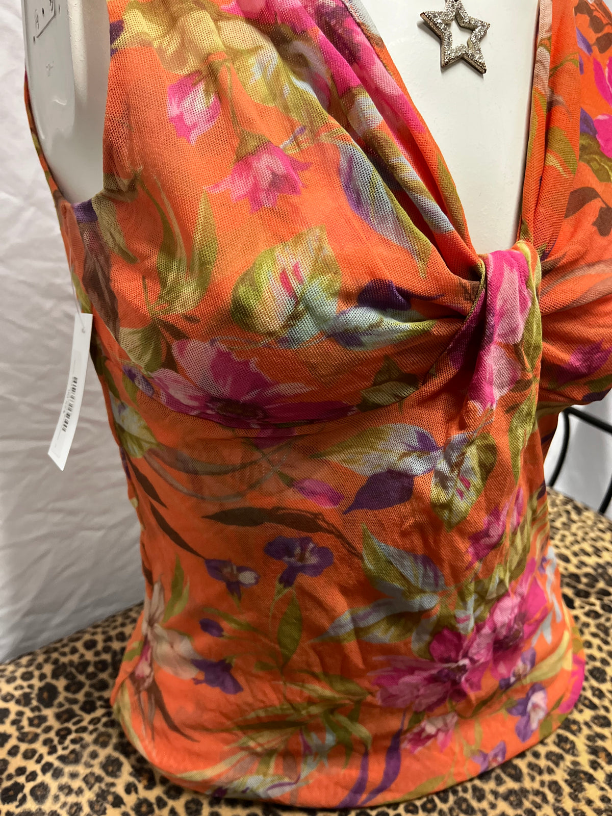 M - Sweet Pea Y2K Orange Floral Mesh Overlay Blouse