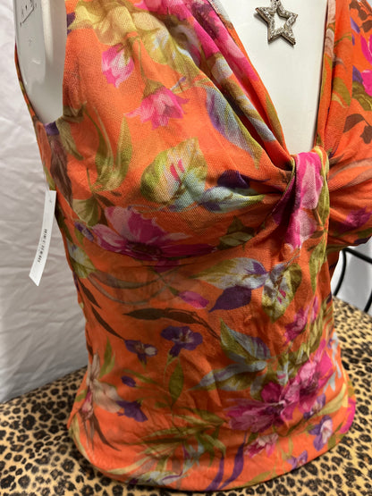 M - Sweet Pea Y2K Orange Floral Mesh Overlay Blouse