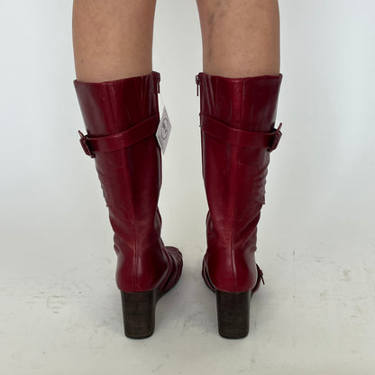 Broadway Red Leather Wedge Buckle Boot