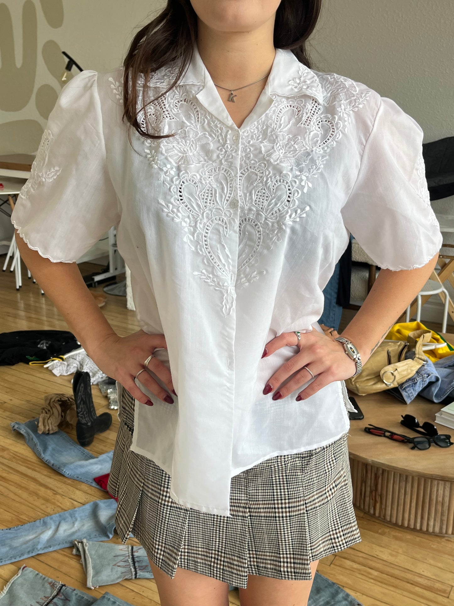 White Lace / Eyelet Button Blouse