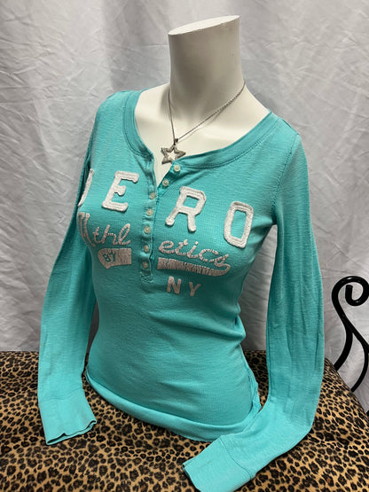 S - Aeropostale 2010s Blue Applique Henley Long Sleeve Top