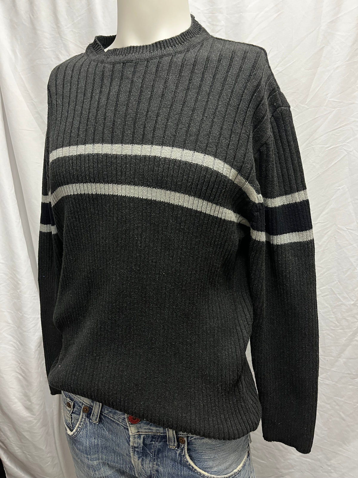 L - 90s Black + Grey Stripe Ribbed Knit Sweater