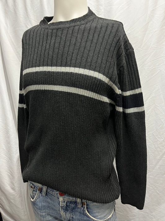 L - 90s Black + Grey Stripe Ribbed Knit Sweater