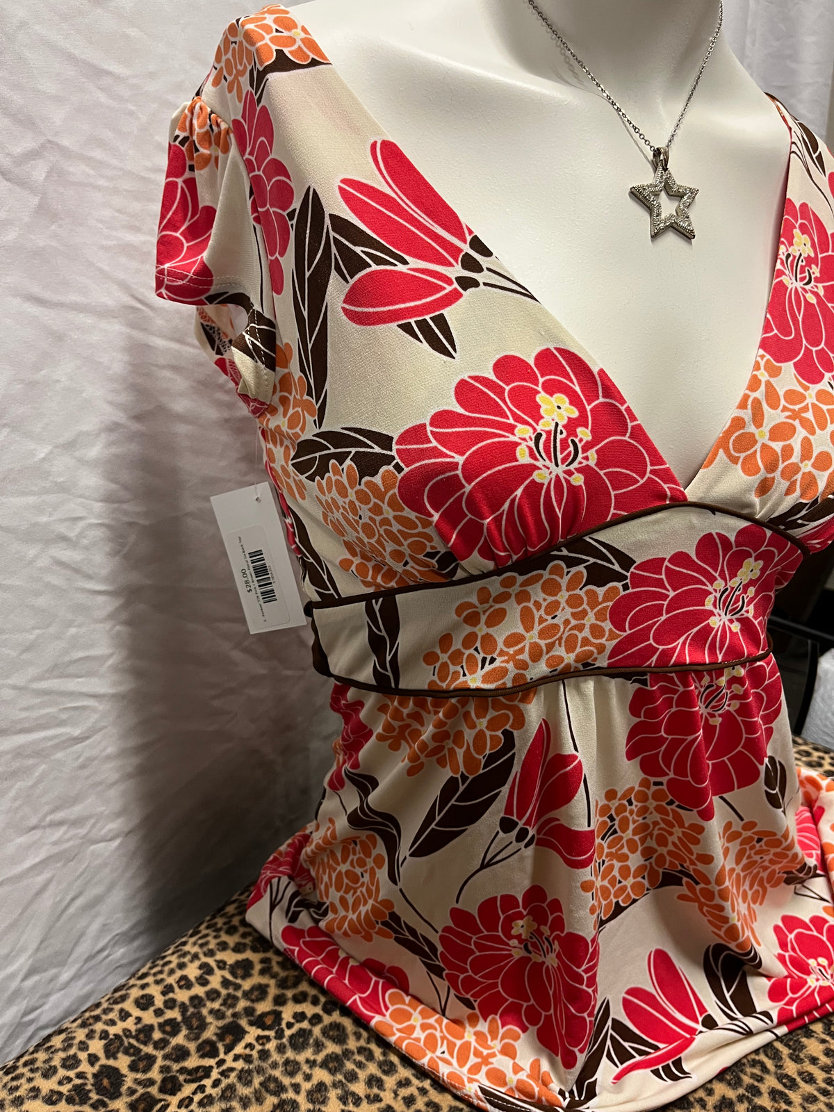 S - Forever Y2K Pink + Brown Floral Tie Back Top