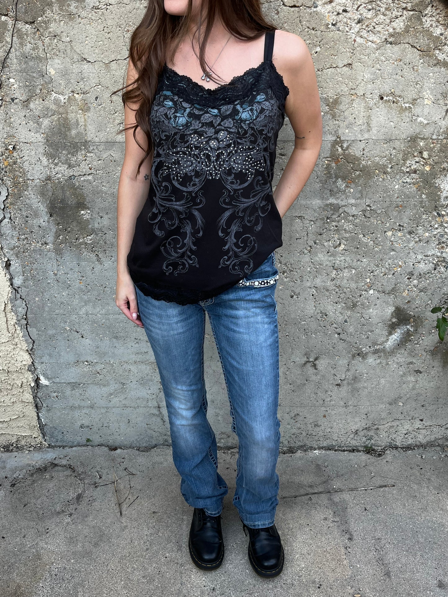 L - Maurice Rhinestone Lace Trim Graphic Cami Top