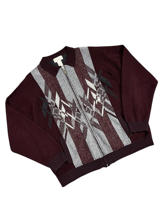 L - Arnold Palmer 90s Geo Knit Zip-Up Sweater
