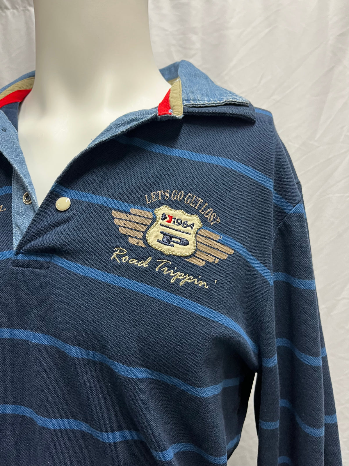 M - Y2K Blue Striped Patches Polo Long Sleeve Tee