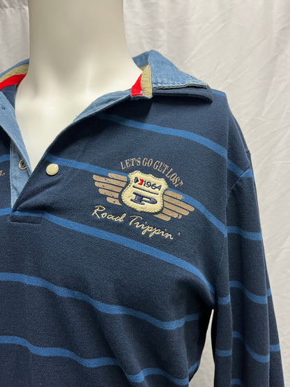 M - Y2K Blue Striped Patches Polo Long Sleeve Tee