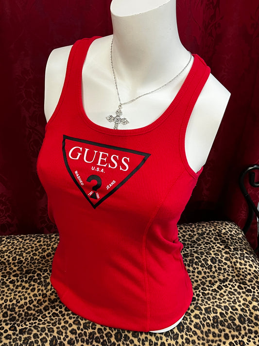 M - Guess Red Ribbed Logo Tank