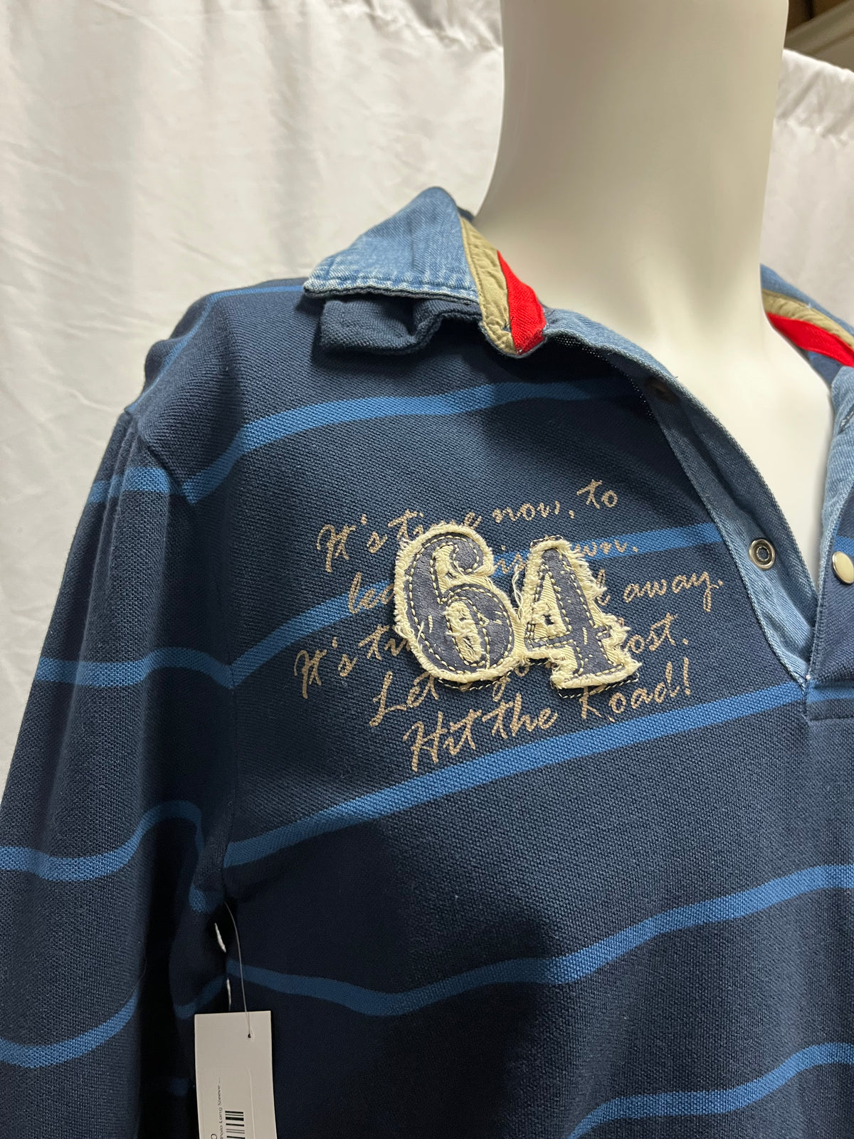 M - Y2K Blue Striped Patches Polo Long Sleeve Tee