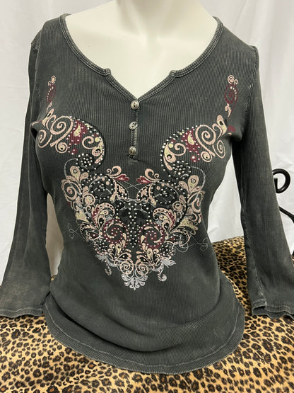 M - Y2K Rhinestone Graphic 1/4 Button Ribbed Top