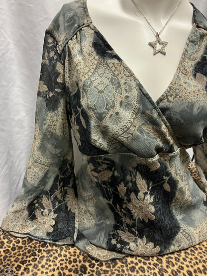 L - Sere Nade Y2K Mesh Overlay Bell Sleeve Tie Top