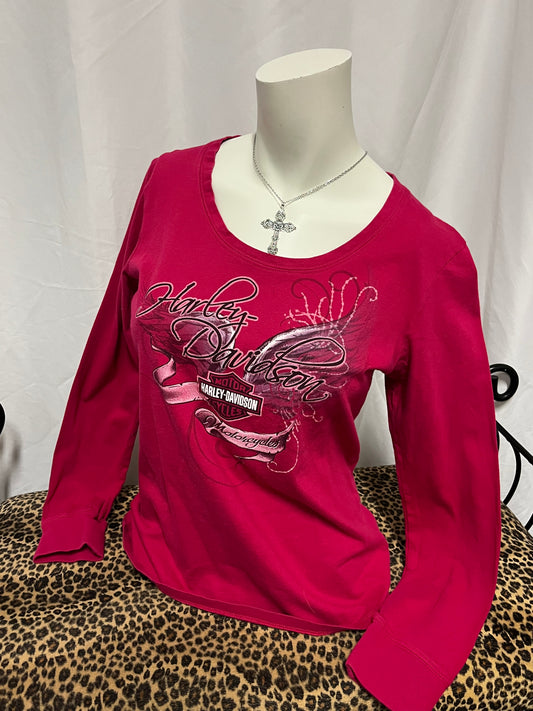 L - Harley Davidson Pink Long Sleeve Graphic Top