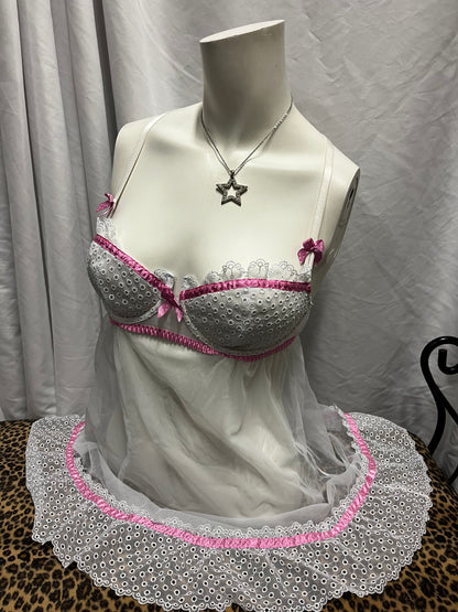 M - La Senza 2000s White + Pink Polka Dot Bra Cami Top
