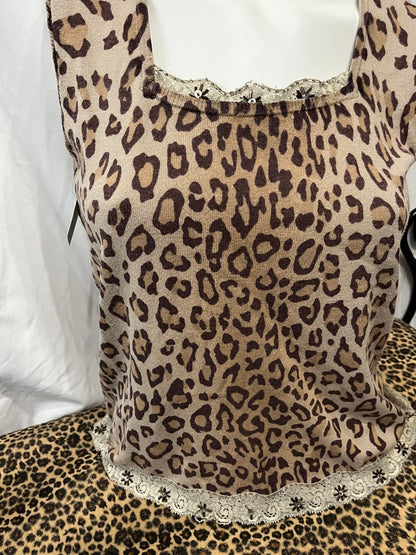 M/L - Leopard Knit Lace Trim Sleeveless Top