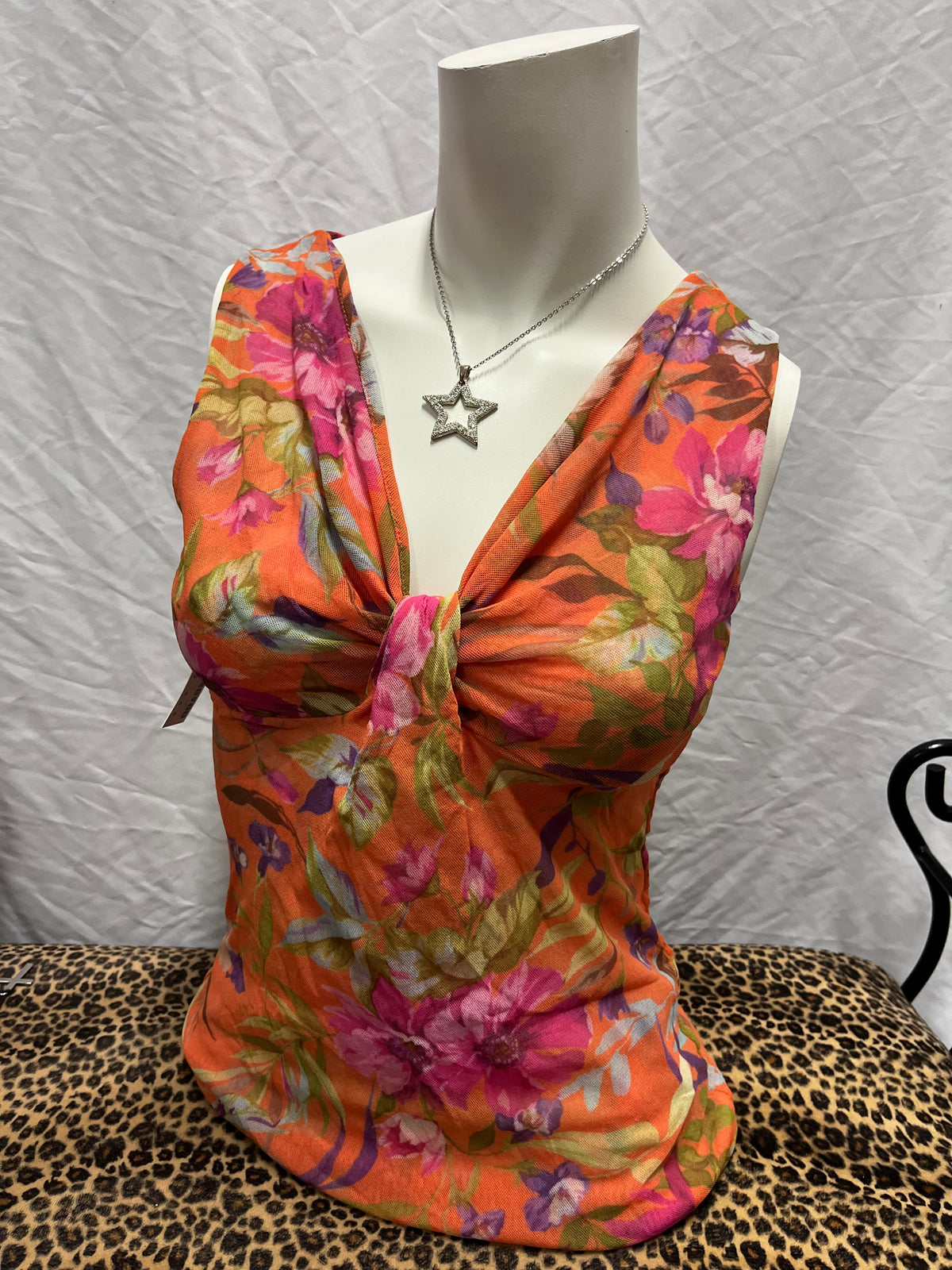 M - Sweet Pea Y2K Orange Floral Mesh Overlay Blouse