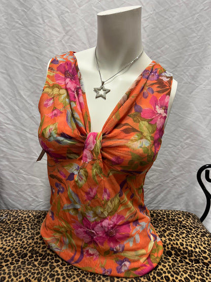 M - Sweet Pea Y2K Orange Floral Mesh Overlay Blouse