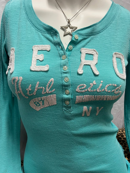 S - Aeropostale 2010s Blue Applique Henley Long Sleeve Top