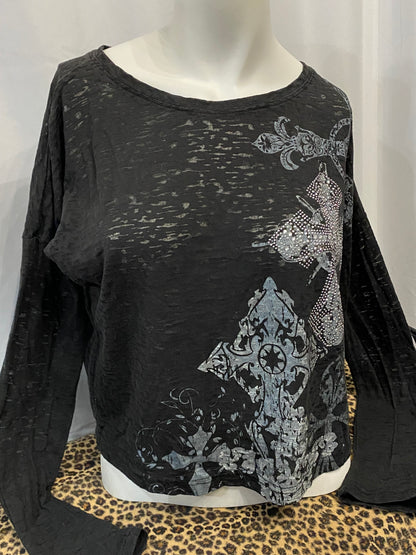 S - Rhinestone Cross Graphic Long Sleeve Top