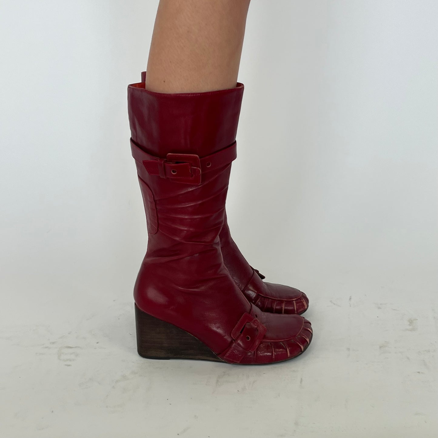 Broadway Red Leather Wedge Buckle Boot