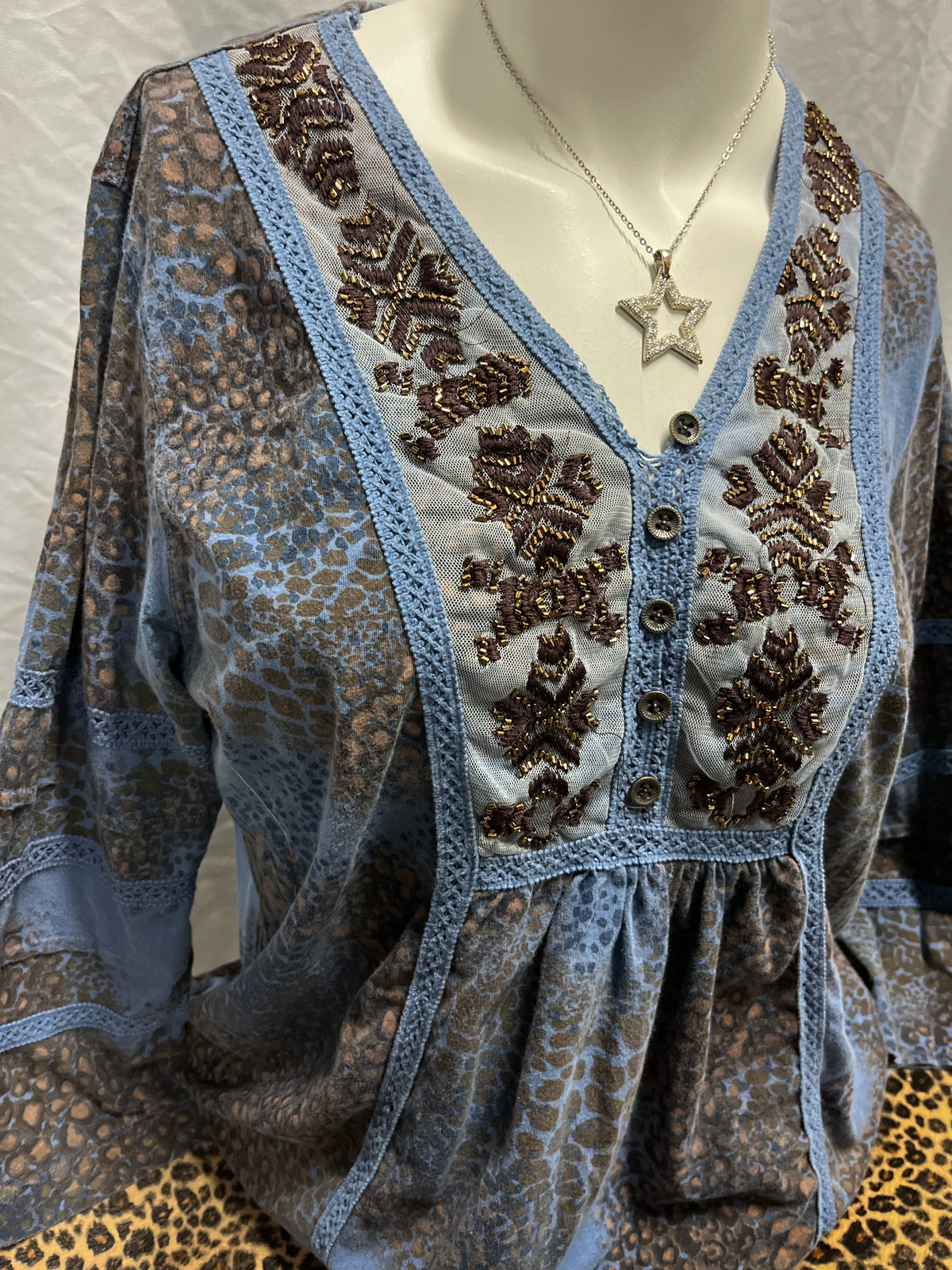M - Kerrybrooke Blue + Brown Fairy Blouse