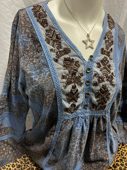 M - Kerrybrooke Blue + Brown Fairy Blouse