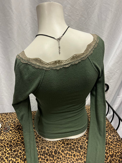 S - Out From Under Green Lace Trim Henley Top