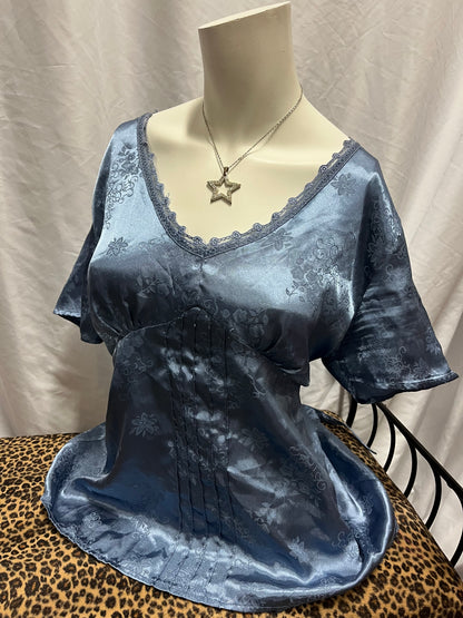 L - Jessica Blue Floral Satin Tie Blouse