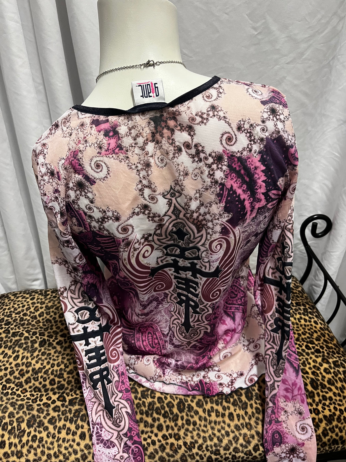 XL - Giant Y2K Purple Mesh Tattoo Graphic Top