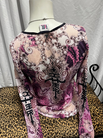 XL - Giant Y2K Purple Mesh Tattoo Graphic Top