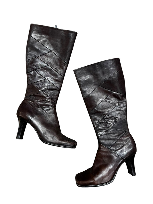 SZ 7.5 - 2000s Brown Leather Patchwork Heeled Boot