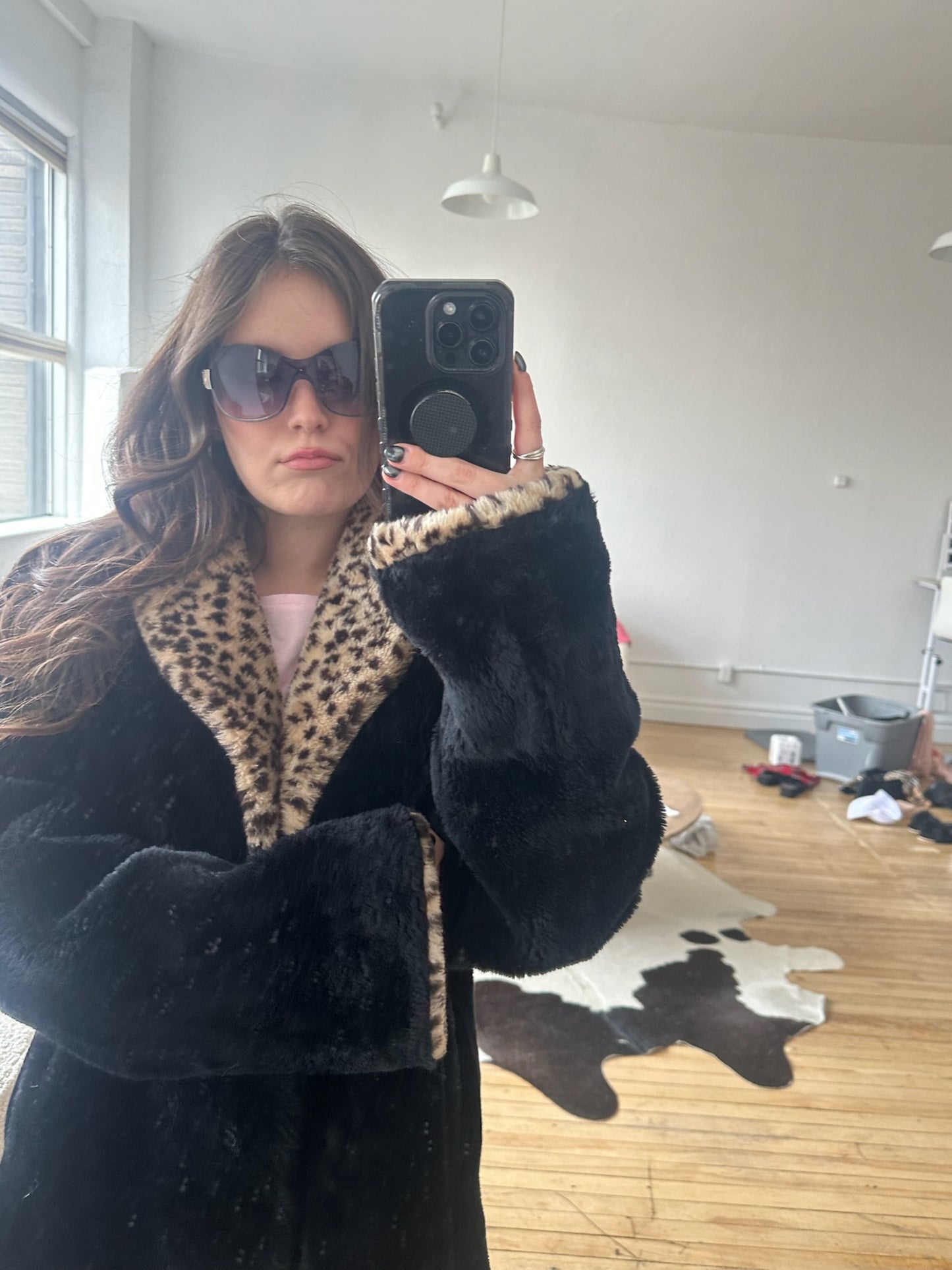 Vintage Black + Cheetah Print Fur Coat