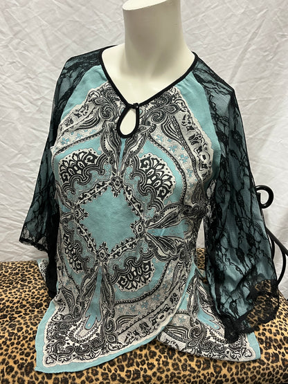 S - City Girl Y2K Blue + Black Belle Sleeve Blouse
