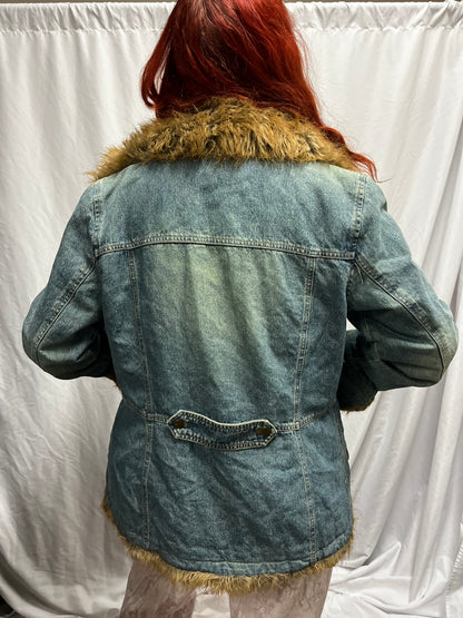 L - Mixit Y2K Faux Fur Lined Heavy Denim Coat