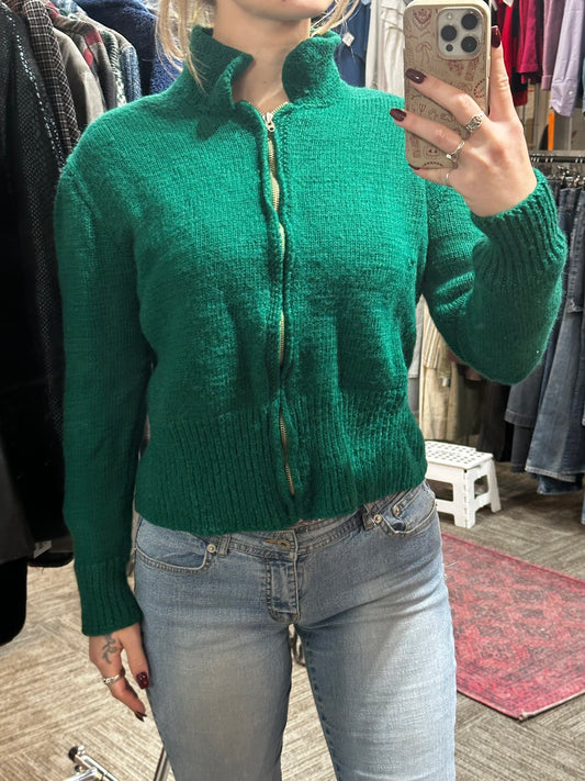M - Green Wool Knit Zip Sweater