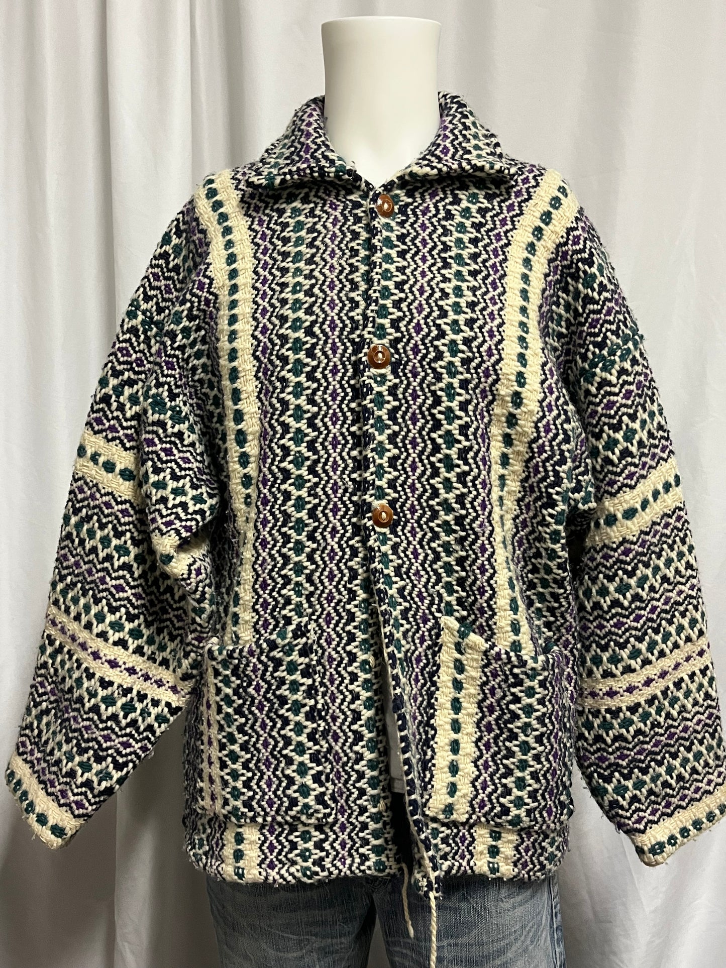 L - 90s Woven Baja Surf Blanket Button Down Coat