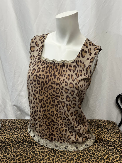 M/L - Leopard Knit Lace Trim Sleeveless Top